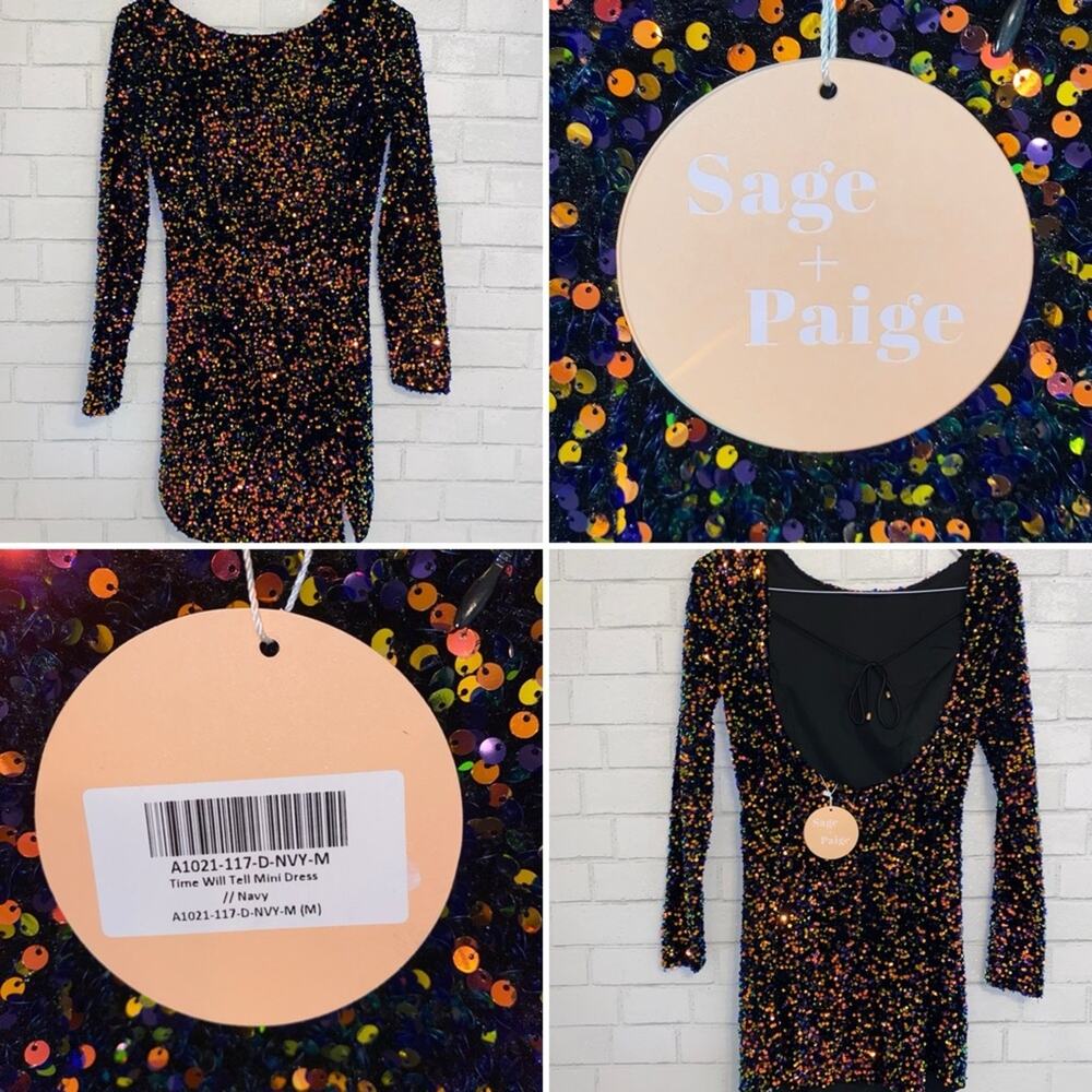 New Sage + Paige Navy Bodycon Sequin backless Mini Dress MED NWT